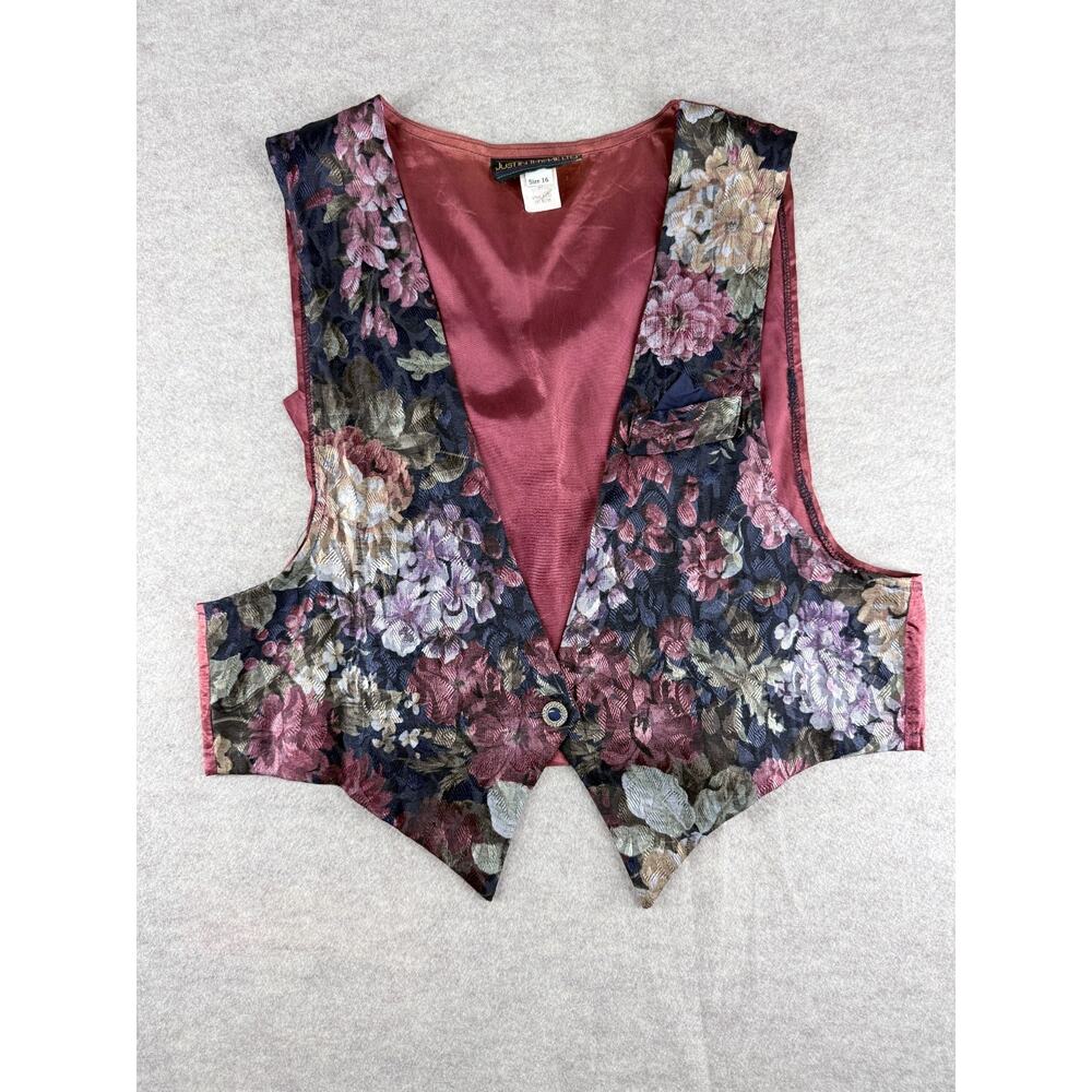 Vtg Just In Thyme Ltd Sleeveless Button-Up Vest Floral Tapestry Print Women's 16